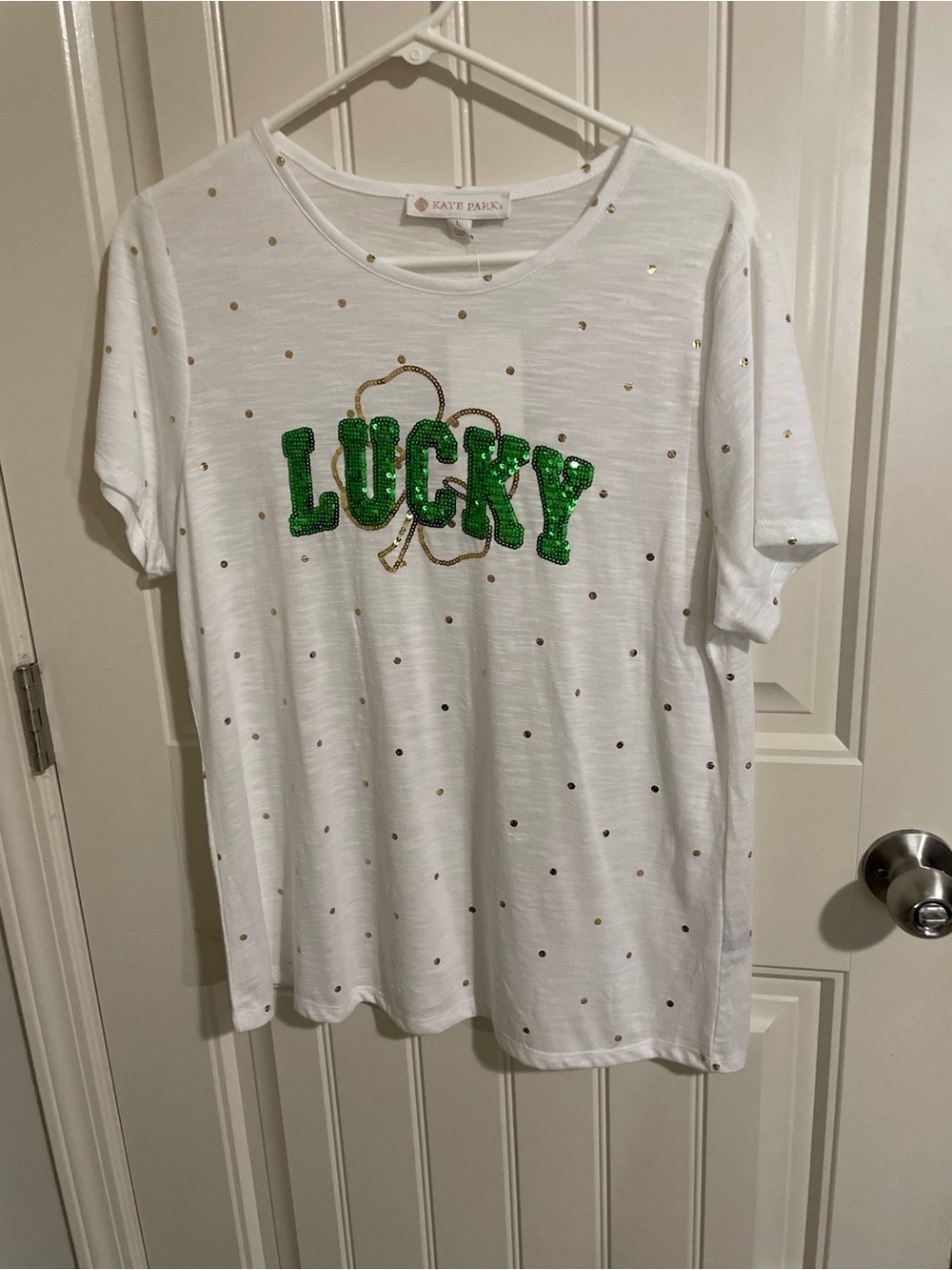 Sequin 'LUCKY' Short Sleeve Tee - White & Green - Picture 3 of 5